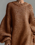 Robe Pull Femme Col Rond – Coupe Ample Manches Lanternes | Maille Mélange de Laine