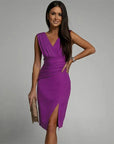Robe midi sans manches femme en tissu tissé – Coupe ajustée col en V