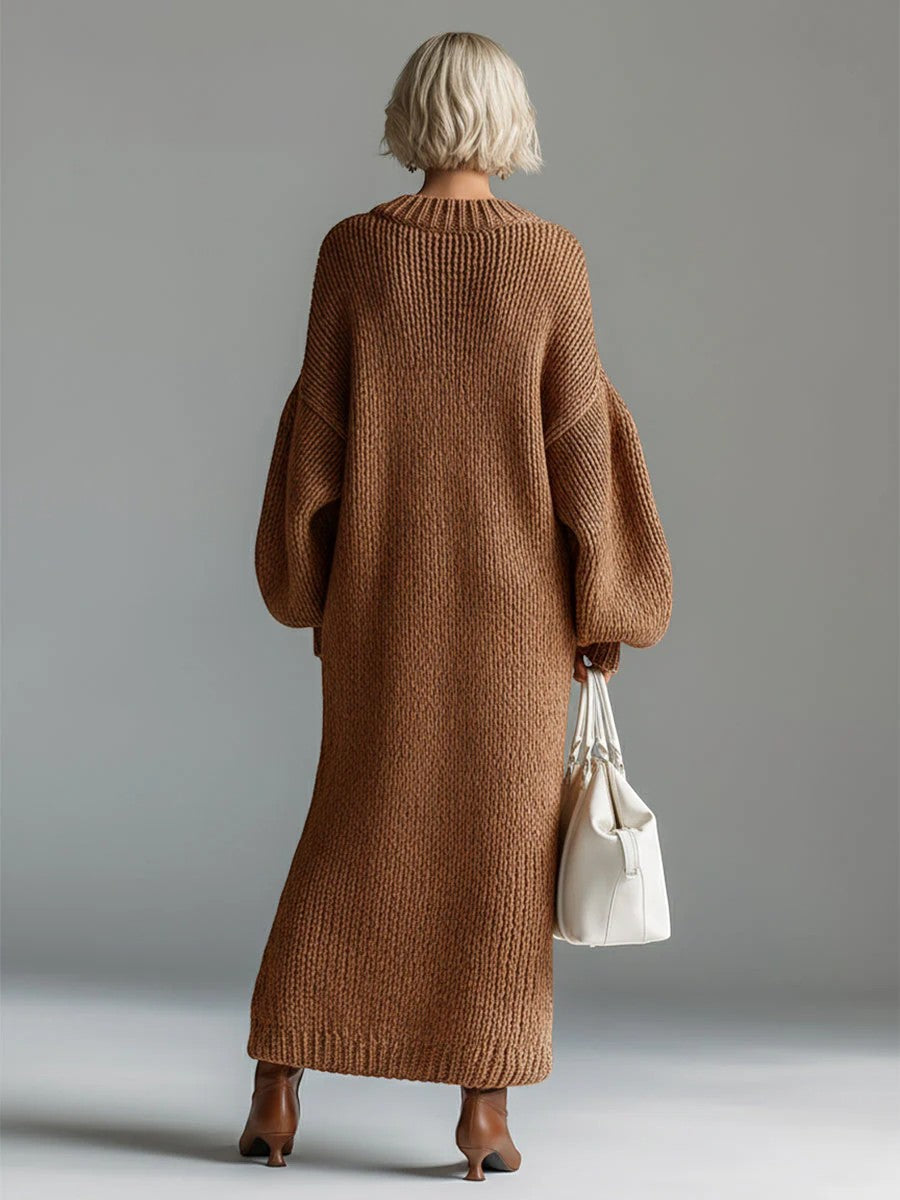 Robe Pull Femme Col Rond – Coupe Ample Manches Lanternes | Maille Mélange de Laine