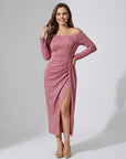 Robe Femme Épaule Dénudée en Maille Scintillante – Coupe Bodycon