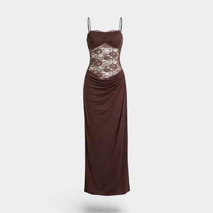 Robe femme en dentelle épaules dénudées – Coupe moulante maxi