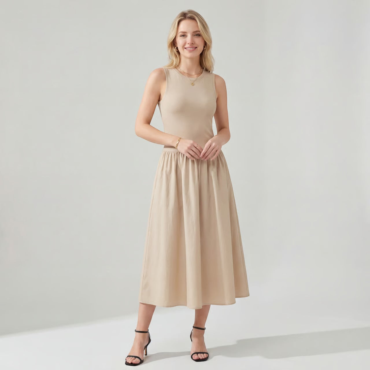 Robe midi femme sans manches en tissu – Coupe évasée ligne A