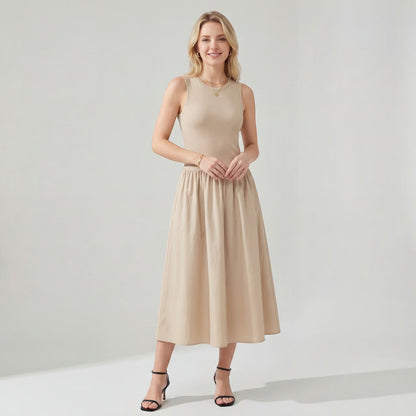 Robe midi femme sans manches en tissu – Coupe évasée ligne A