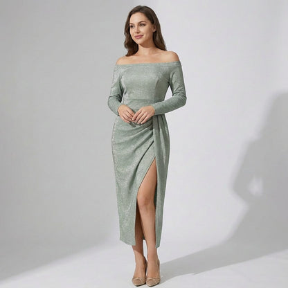 Robe Femme Épaule Dénudée en Maille Scintillante – Coupe Bodycon