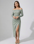 Robe Femme Épaule Dénudée en Maille Scintillante – Coupe Bodycon