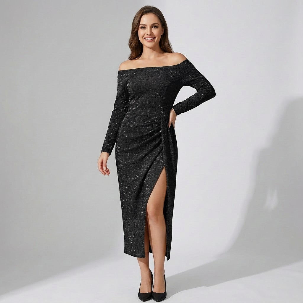 Robe Femme Épaule Dénudée en Maille Scintillante – Coupe Bodycon