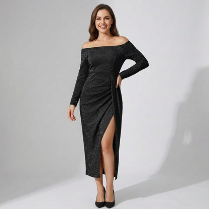 Robe Femme Épaule Dénudée en Maille Scintillante – Coupe Bodycon