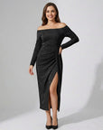 Robe Femme Épaule Dénudée en Maille Scintillante – Coupe Bodycon