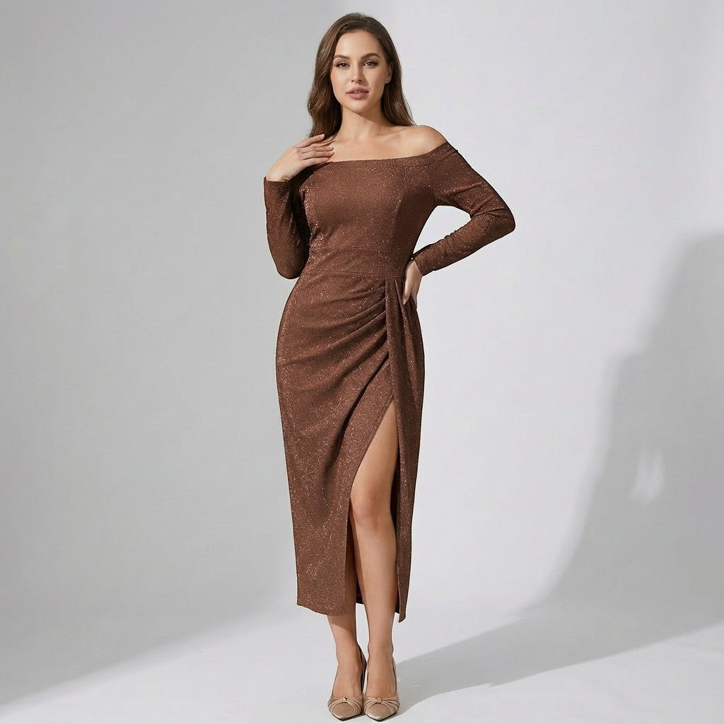 Robe Femme Épaule Dénudée en Maille Scintillante – Coupe Bodycon