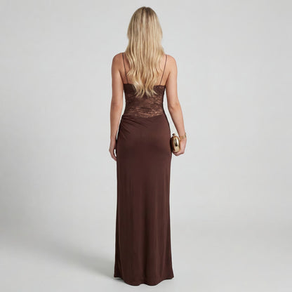 Robe femme en dentelle épaules dénudées – Coupe moulante maxi