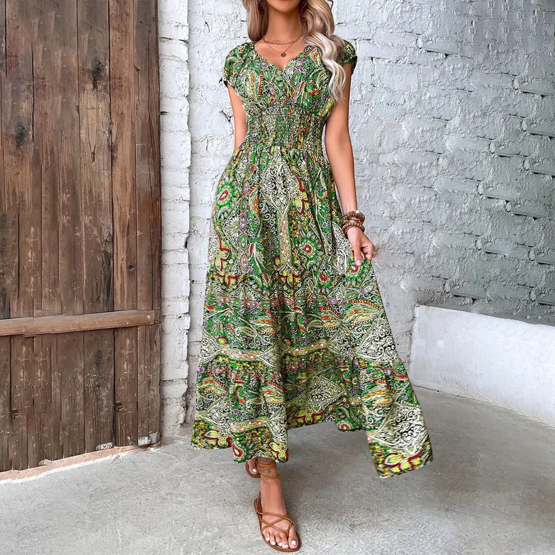 Robe Maxi Bohème Col V Femme – Coupe Décontractée Jupe Fluide | Tissu Tissé Léger