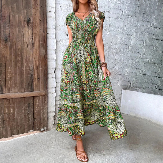 Robe Maxi Bohème Col V Femme – Coupe Décontractée Jupe Fluide | Tissu Tissé Léger