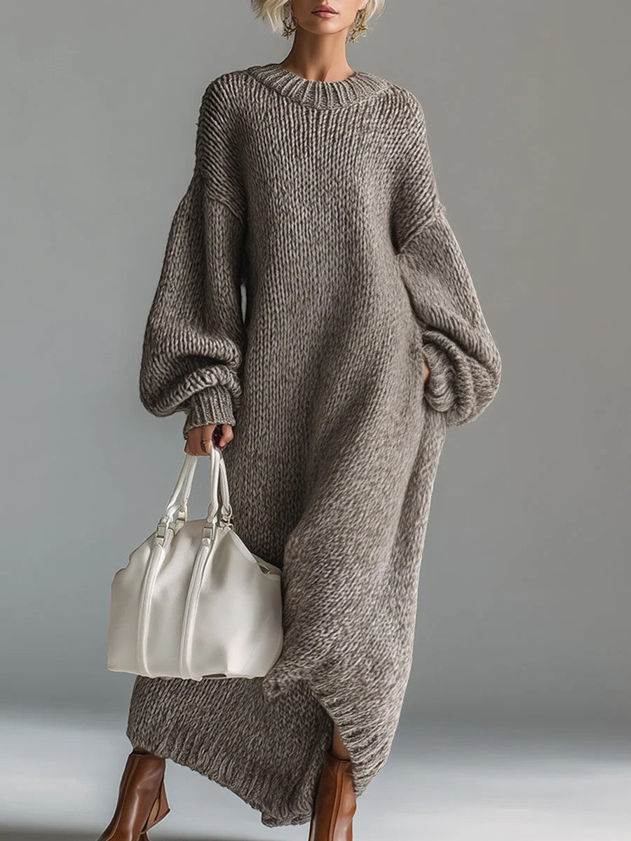 Robe Pull Femme Col Rond – Coupe Ample Manches Lanternes | Maille Mélange de Laine