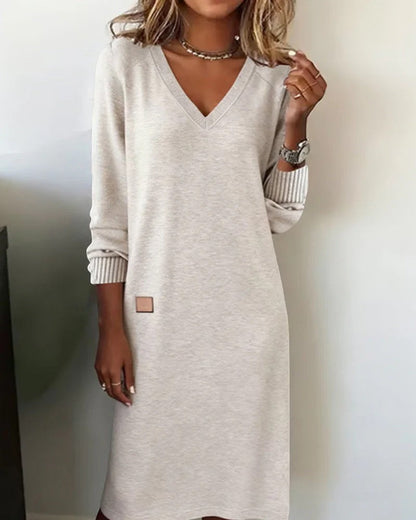 Robe Midi Femme Col V Manches Longues – Coupe Droite Décontractée | Maille Douce