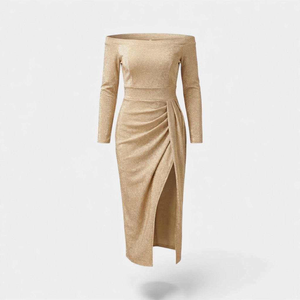 Robe Femme Épaule Dénudée en Maille Scintillante – Coupe Bodycon