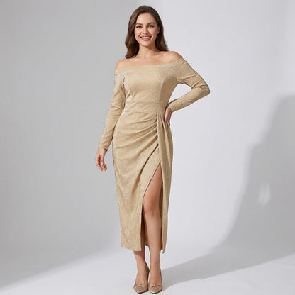 Robe Femme Épaule Dénudée en Maille Scintillante – Coupe Bodycon