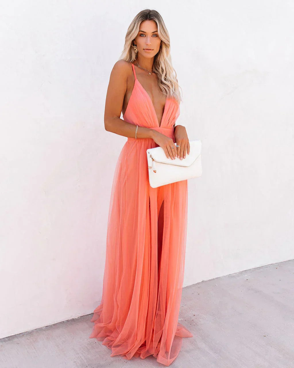 Robe Maxi Col V Femme – Taille Ajustée Jupe Fluide | Drapé Aérien Pêche