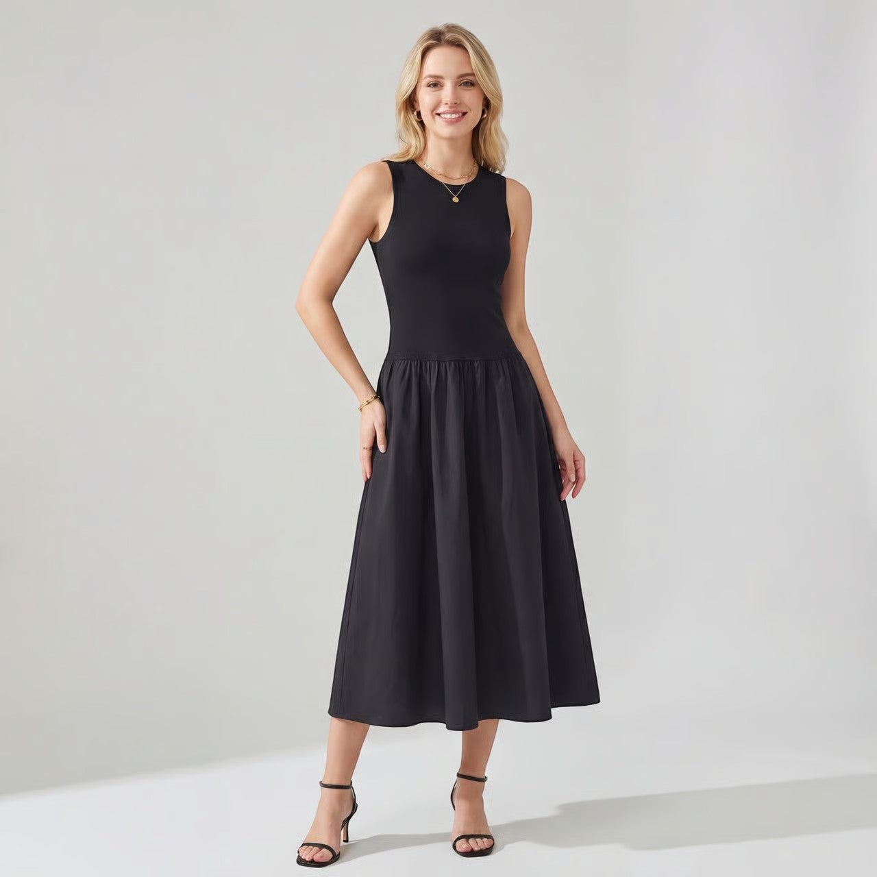 Robe midi femme sans manches en tissu – Coupe évasée ligne A