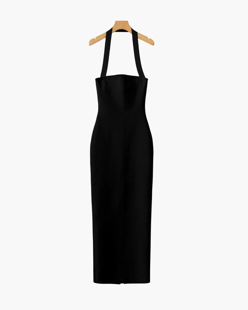 Robe Maxi Femme Col Halter en Maille Extensible – Coupe Bodycon Élégante
