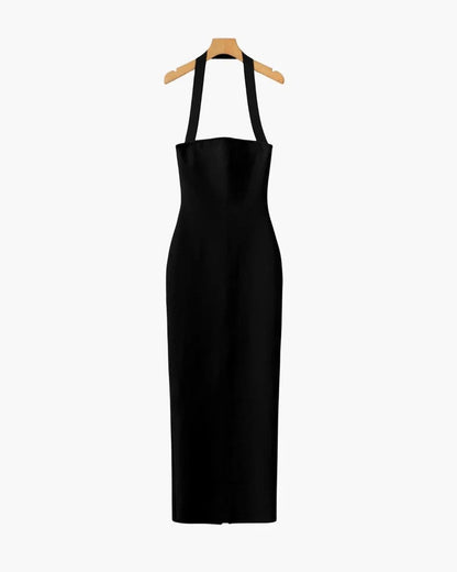 Robe Maxi Femme Col Halter en Maille Extensible – Coupe Bodycon Élégante