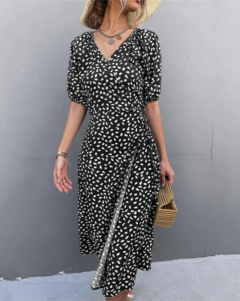 Robe Midi Femme Col V Coupe A – Jupe Fluide Fente Latérale | Drapé Léger Aérien