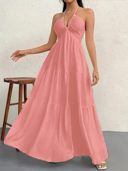 Robe Longue Femme Dos Nu Tour de Cou – Légère Plissée Coupe A-Line Col V