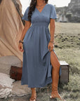 Robe Longue Femme Col V Manches Évasées – Fente et Taille Élastique