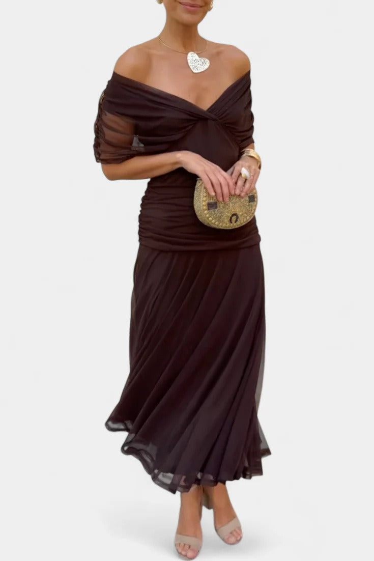 Robe Longue Femme en Mousseline – Col V Imprimé Manches Courtes