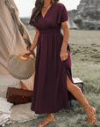 Robe Longue Femme Col V Manches Évasées – Fente et Taille Élastique