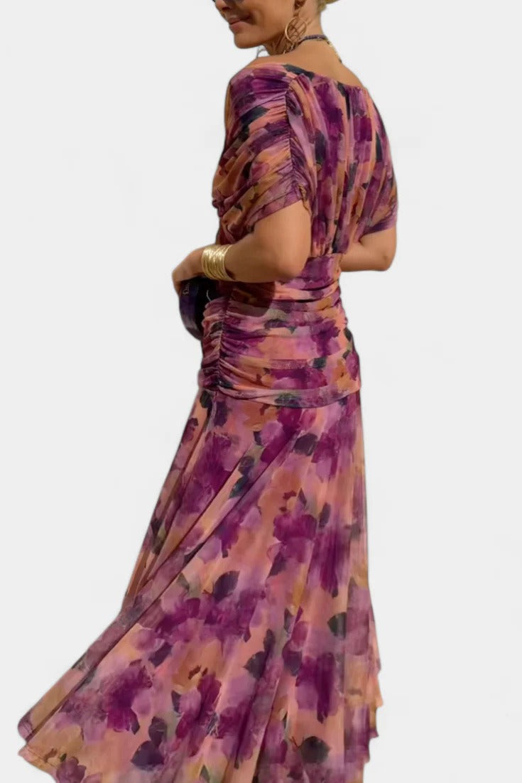 Robe Longue Femme en Mousseline – Col V Imprimé Manches Courtes