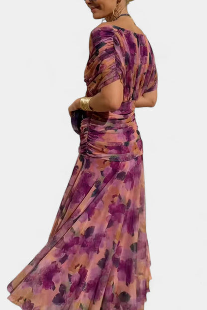 Robe Longue Femme en Mousseline – Col V Imprimé Manches Courtes