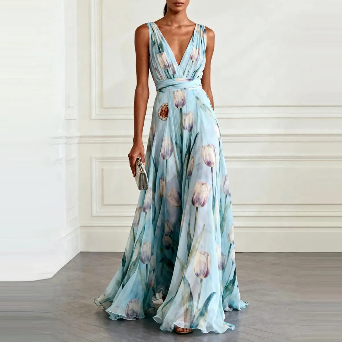 Robe Longue Femme en Mousseline – Col V Sans Manches à Imprimé Floral
