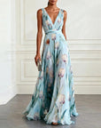 Robe Longue Femme en Mousseline – Col V Sans Manches à Imprimé Floral