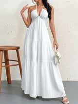 Robe Longue Femme Dos Nu Tour de Cou – Légère Plissée Coupe A-Line Col V