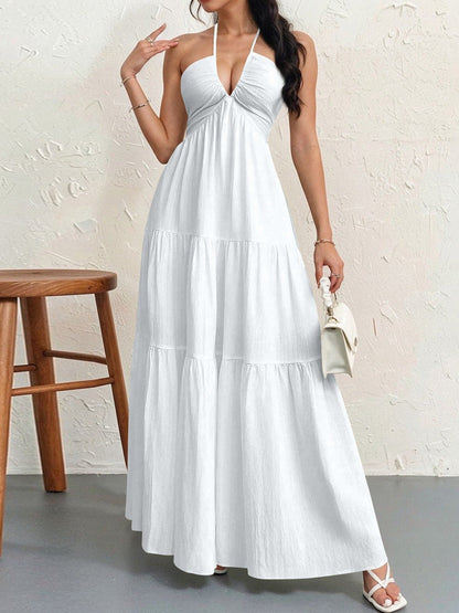 Robe Longue Femme Dos Nu Tour de Cou – Légère Plissée Coupe A-Line Col V