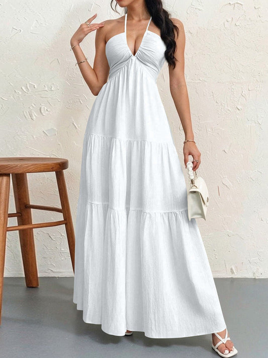 Robe Longue Femme Dos Nu Tour de Cou – Légère Plissée Coupe A-Line Col V