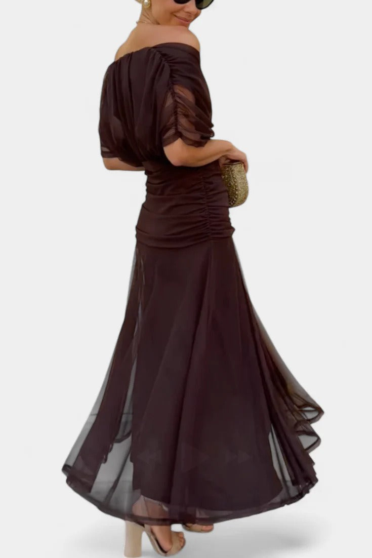 Robe Longue Femme en Mousseline – Col V Imprimé Manches Courtes