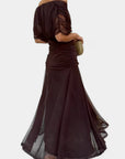 Robe Longue Femme en Mousseline – Col V Imprimé Manches Courtes