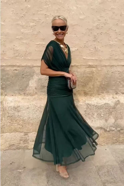 Robe Longue Femme en Mousseline – Col V Imprimé Manches Courtes