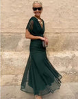 Robe Longue Femme en Mousseline – Col V Imprimé Manches Courtes