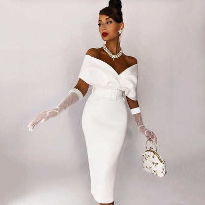 Robe Midi Femme Épaules Dénudées – Ceinturée Coupe Bodycon Structurée
