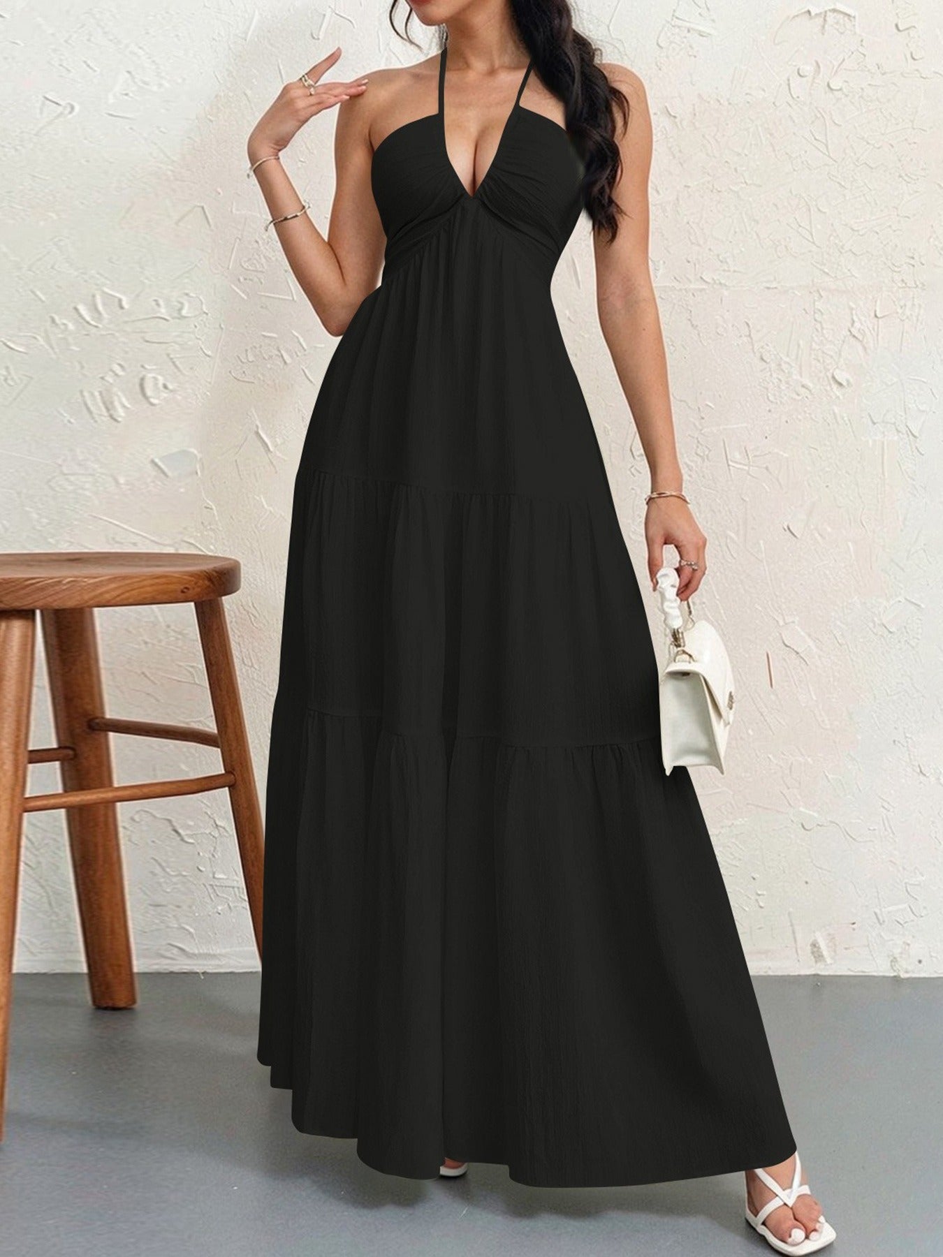 Robe Longue Femme Dos Nu Tour de Cou – Légère Plissée Coupe A-Line Col V