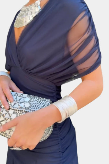 Robe Longue Femme en Mousseline – Col V Imprimé Manches Courtes
