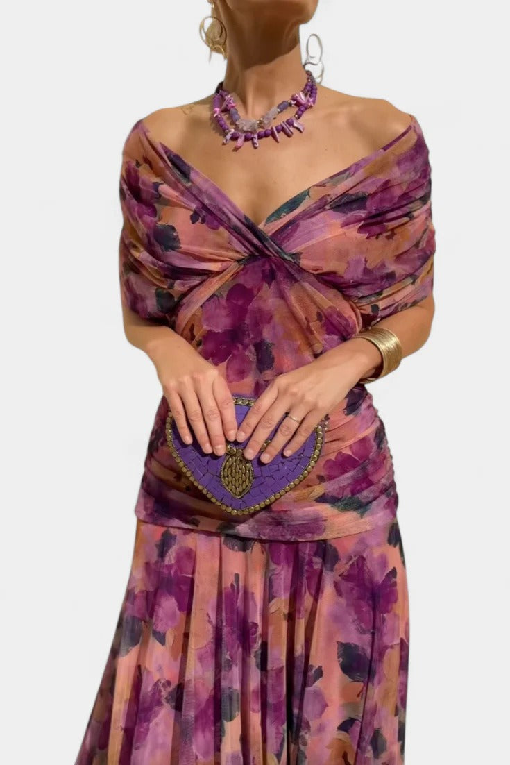 Robe Longue Femme en Mousseline – Col V Imprimé Manches Courtes