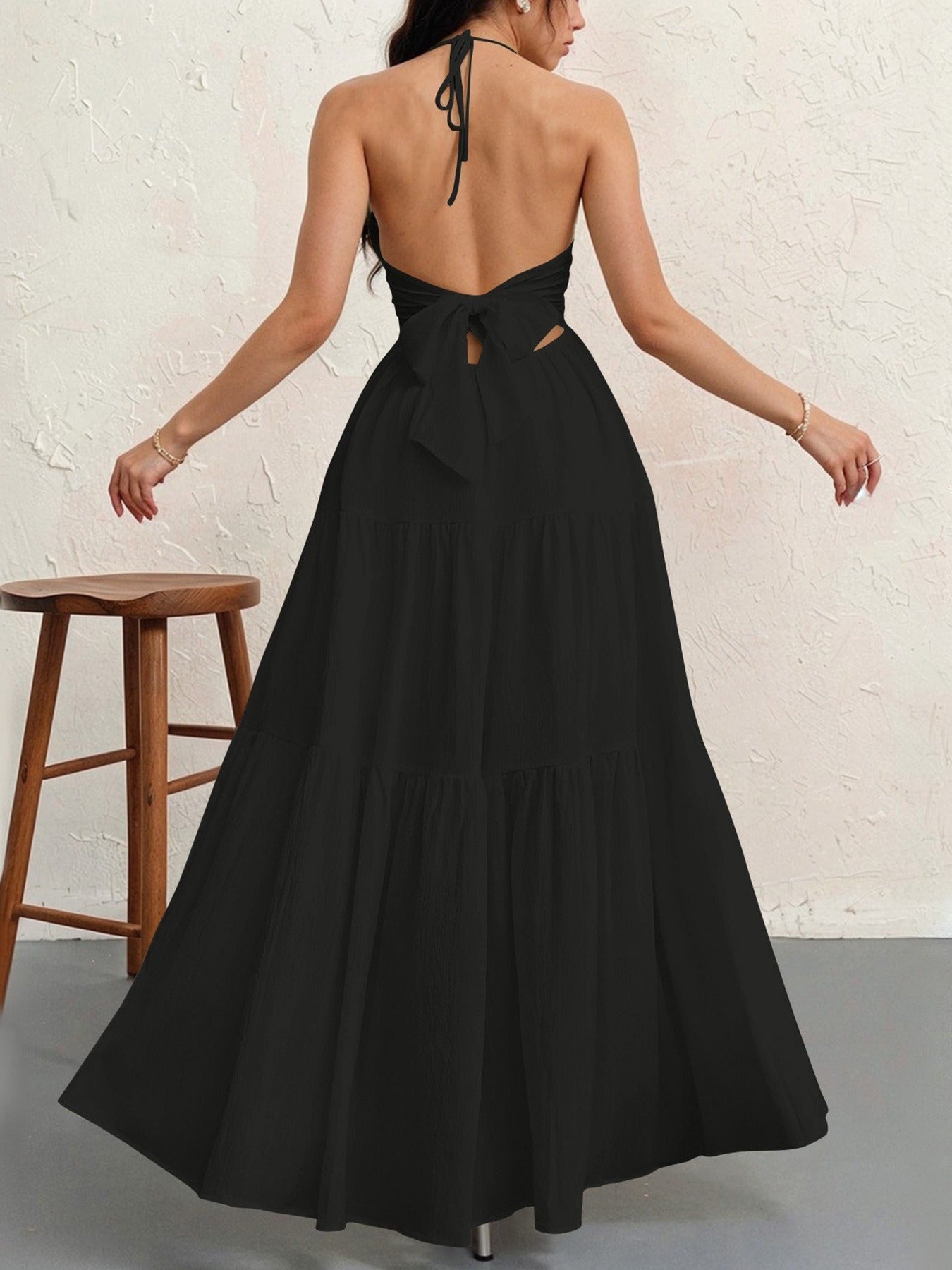 Robe Longue Femme Dos Nu Tour de Cou – Légère Plissée Coupe A-Line Col V