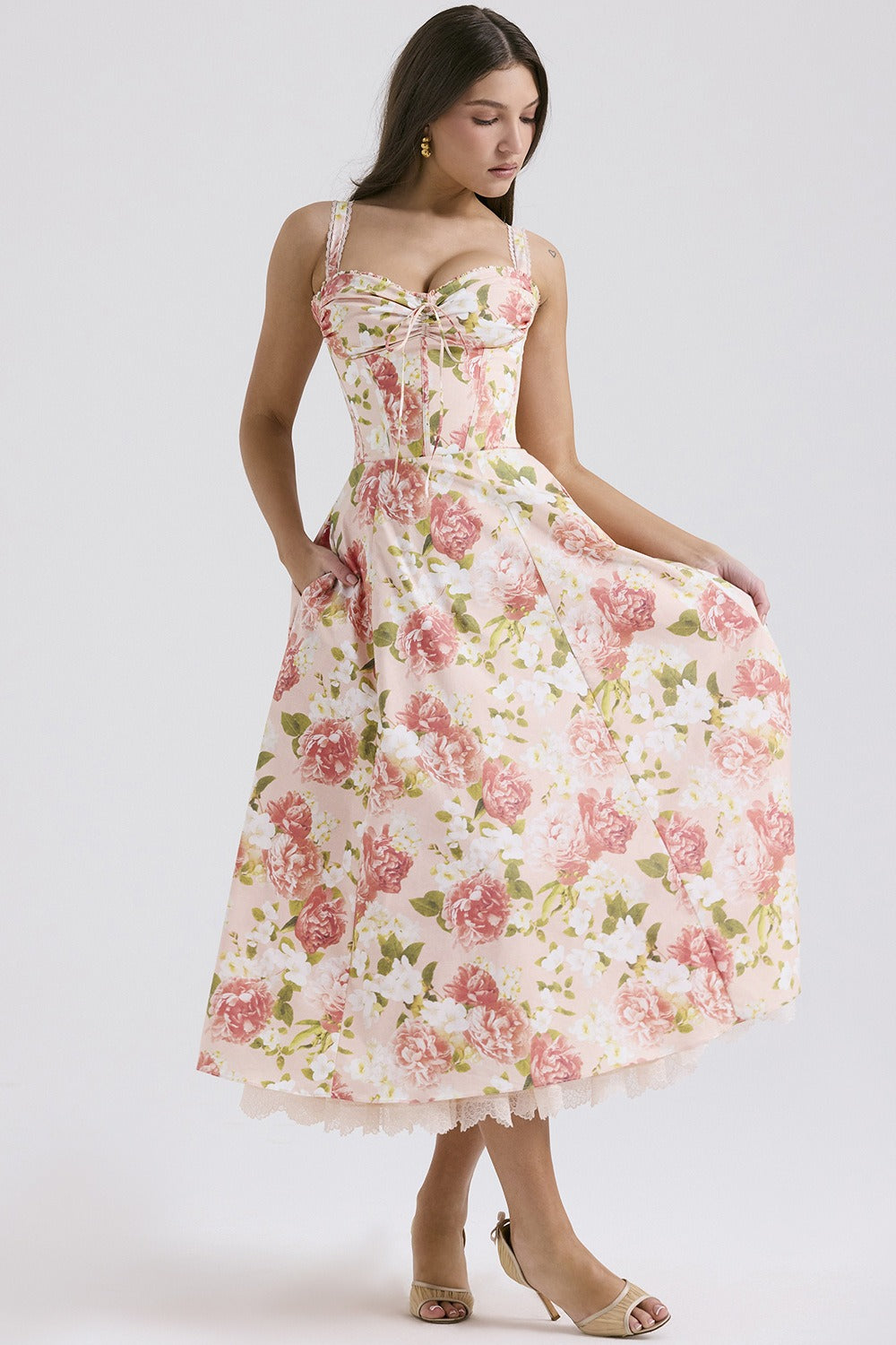 Robe Midi Femme Fleurie Coupe A-Line Coton – Haut Ajusté Jupe Fluide Légère