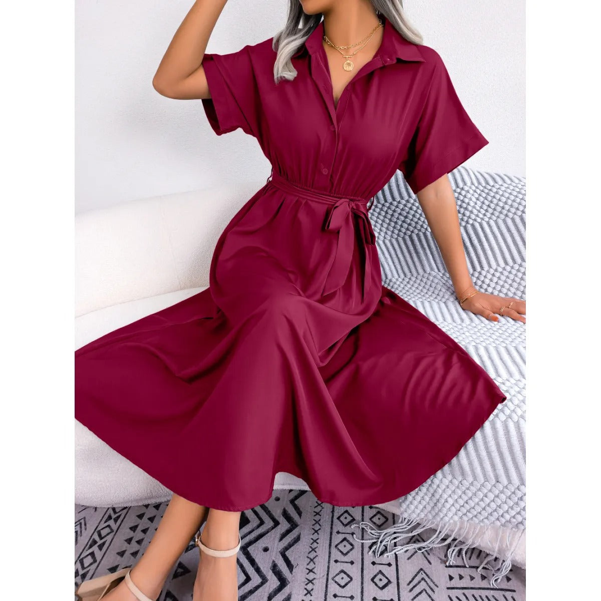 Robe Chemise Femme Loose – Ceinture Nouée & Coupe Décontractée