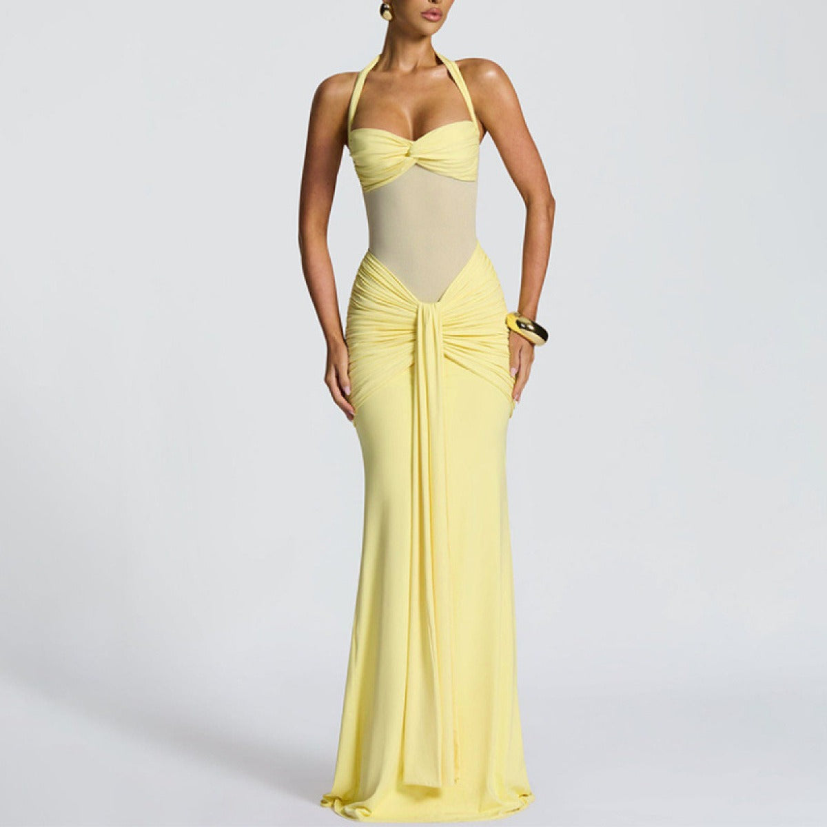 Robe Longue Moulante Froncée pour Femme – Robe de Soirée à Empiècement Transparent