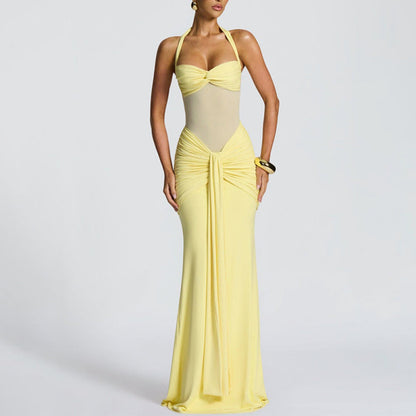 Robe Longue Moulante Froncée pour Femme – Robe de Soirée à Empiècement Transparent