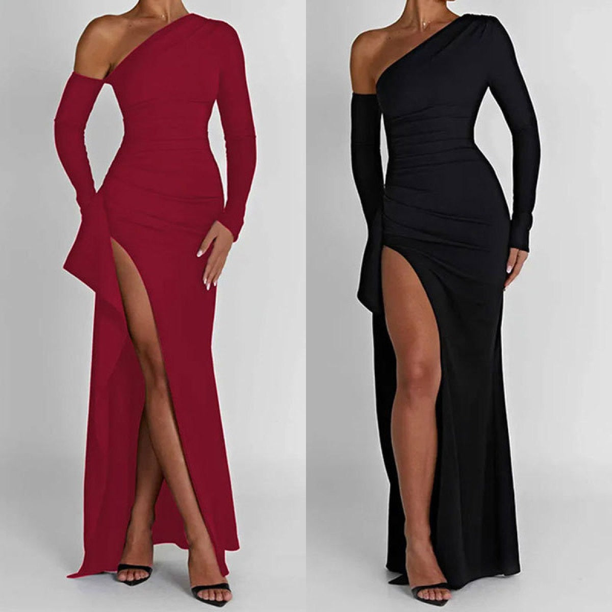 Robe Femme Épaule Dénudée – Coupe Cintrée et Fente Asymétrique